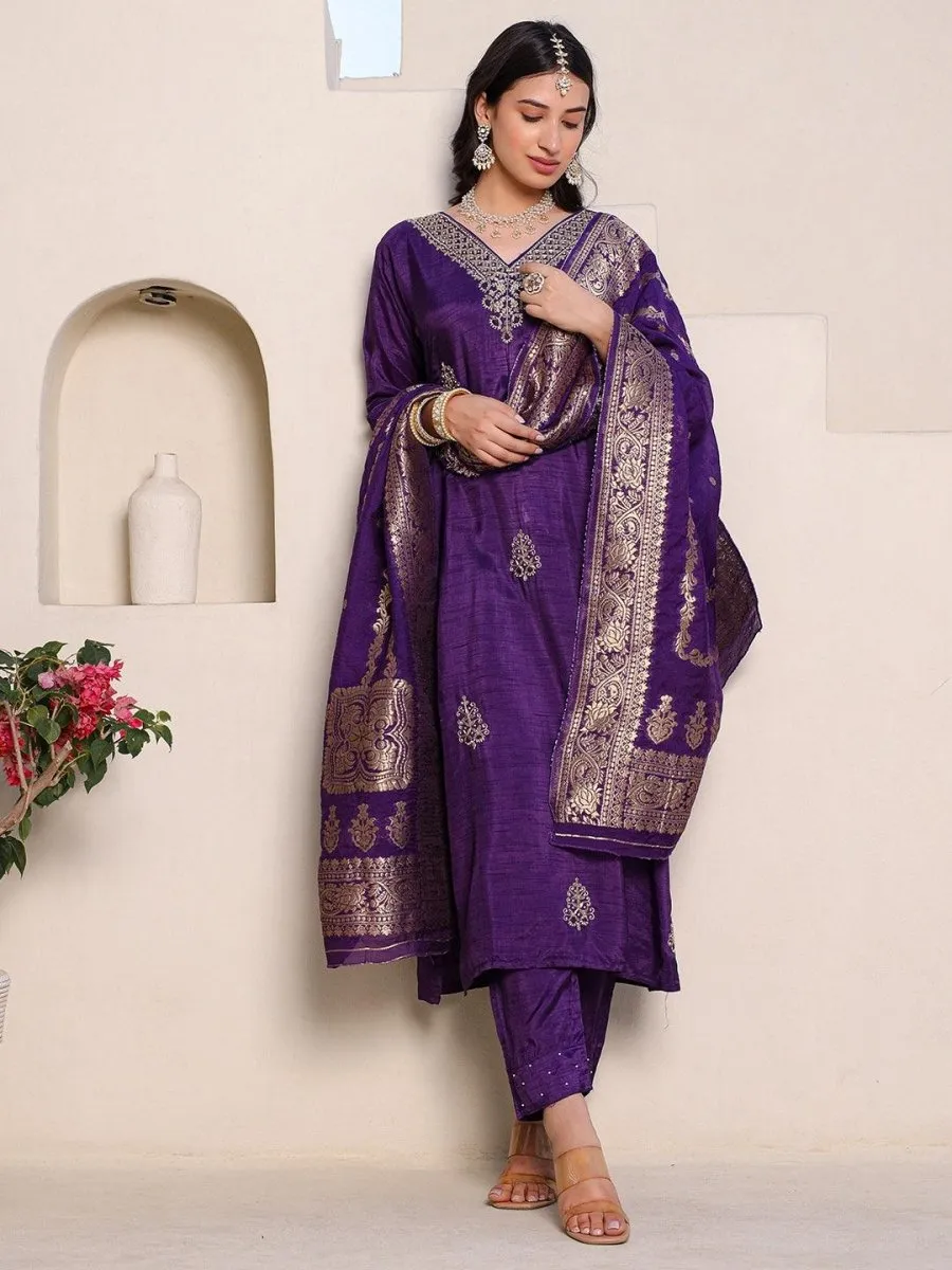 Satrangi Women's Purple Embroidered Kurta Pant Set with Round Neck and 3/4th Sleeves