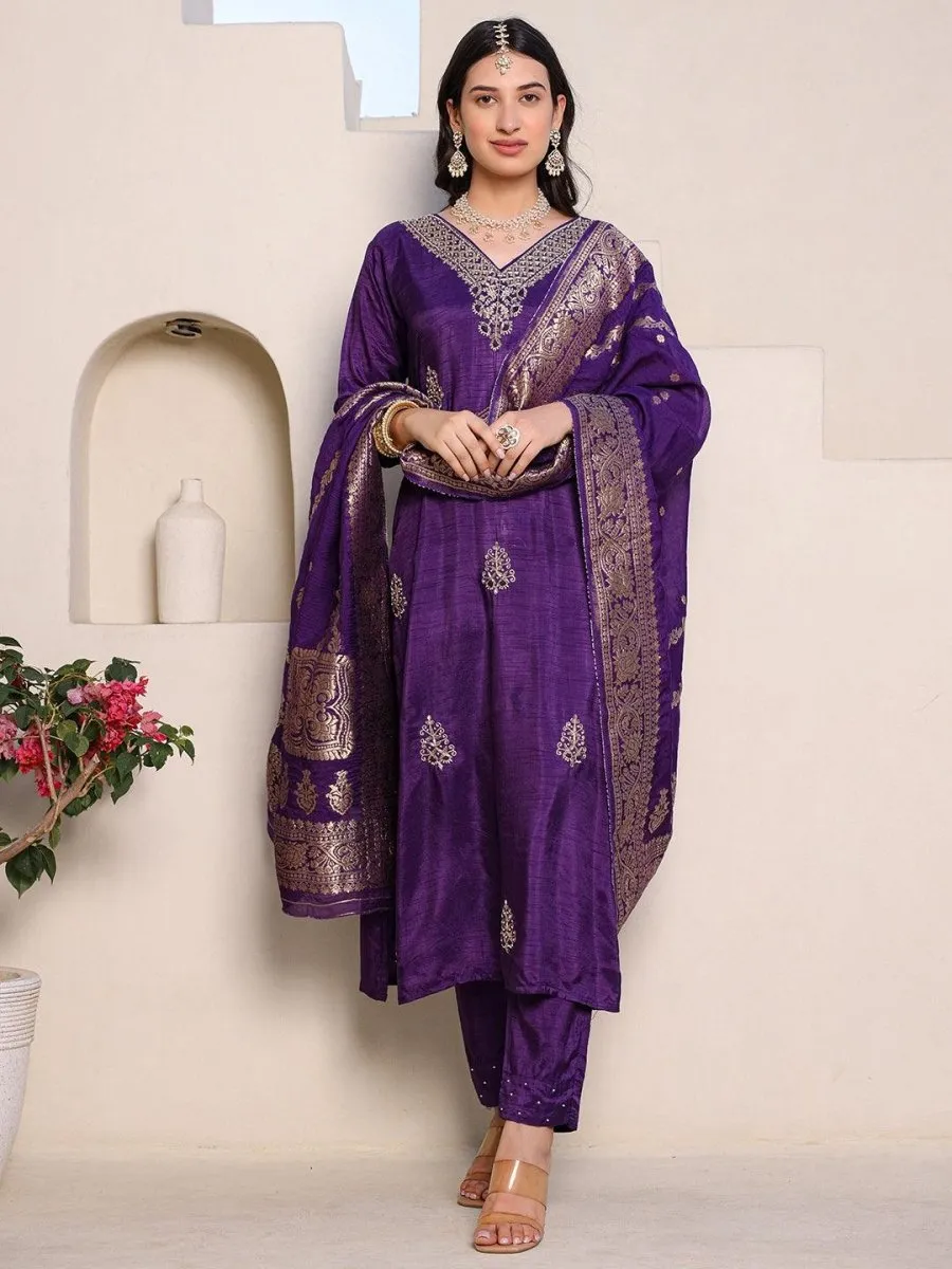 Satrangi Women's Purple Embroidered Kurta Pant Set with Round Neck and 3/4th Sleeves
