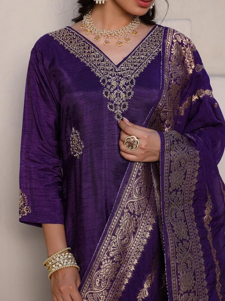 Satrangi Women's Purple Embroidered Kurta Pant Set with Round Neck and 3/4th Sleeves