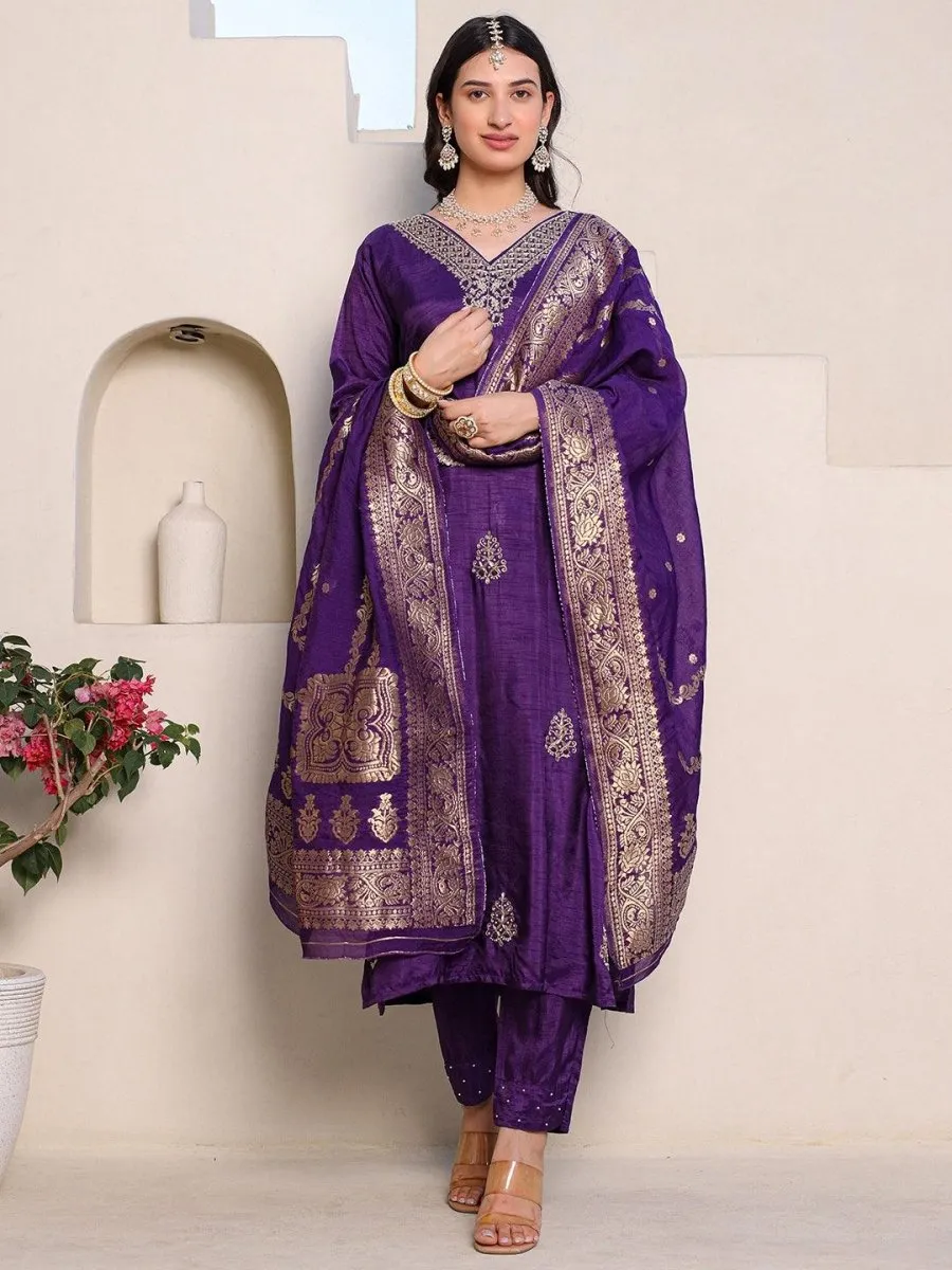 Satrangi Women's Purple Embroidered Kurta Pant Set with Round Neck and 3/4th Sleeves