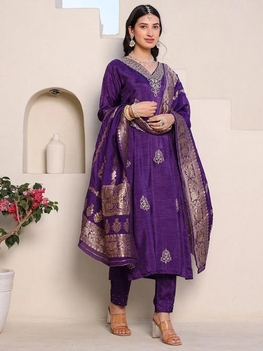 Satrangi Women's Purple Embroidered Kurta Pant Set with Round Neck and 3/4th Sleeves