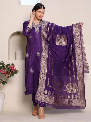 Satrangi Women's Purple Embroidered Kurta Pant Set with Round Neck and 3/4th Sleeves