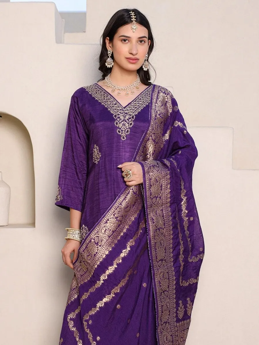 Satrangi Women's Purple Embroidered Kurta Pant Set with Round Neck and 3/4th Sleeves