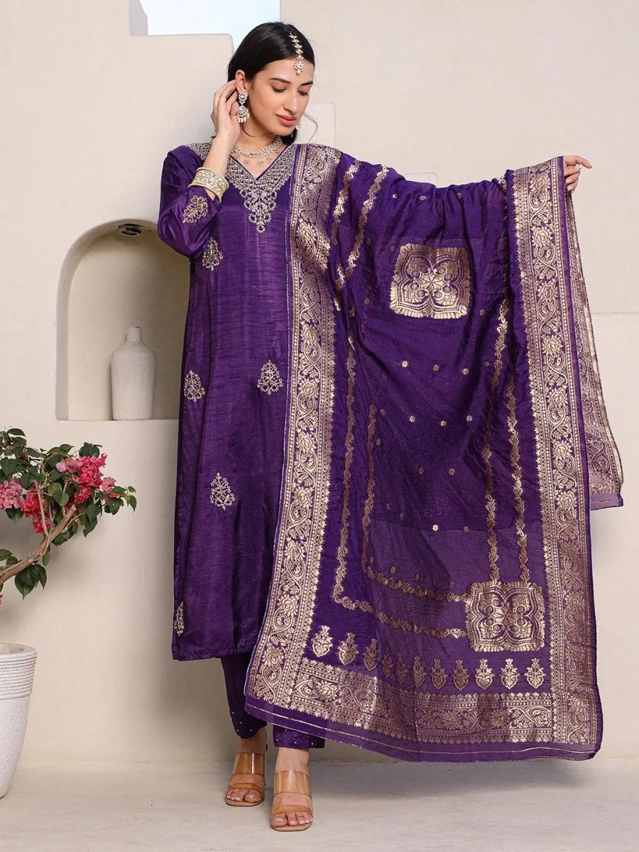 Satrangi Women's Purple Embroidered Kurta Pant Set with Round Neck and 3/4th Sleeves