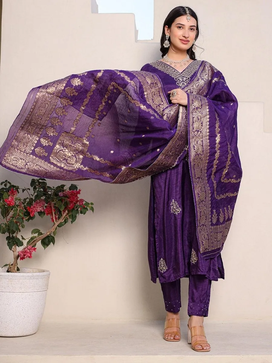 Satrangi Women's Purple Embroidered Kurta Pant Set with Round Neck and 3/4th Sleeves
