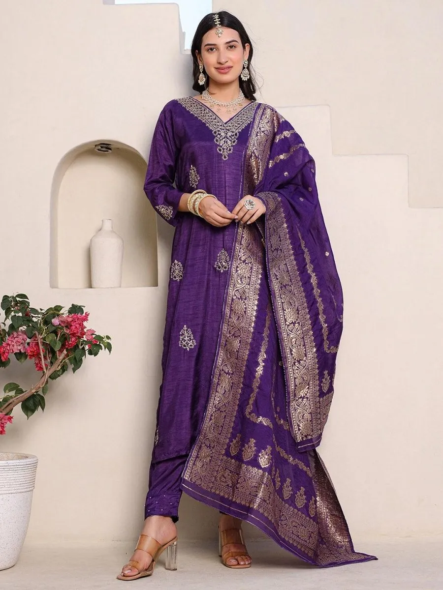 Satrangi Women's Purple Embroidered Kurta Pant Set with Round Neck and 3/4th Sleeves