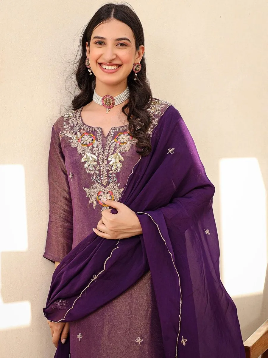 Satrangi Women's Purple Embroidered Viscose Shimmer Round Neck 3/4th Sleeve Kurta & Pant Set