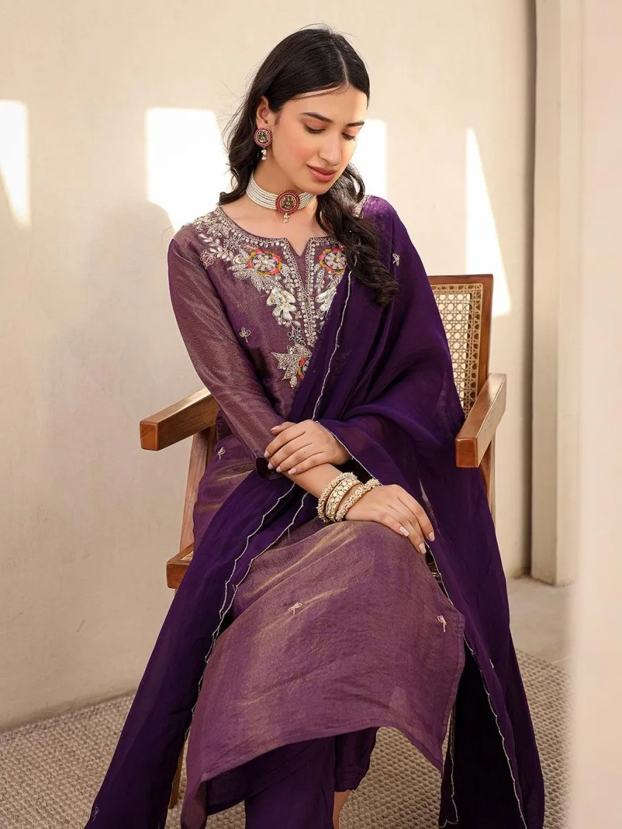 Satrangi Women's Purple Embroidered Viscose Shimmer Round Neck 3/4th Sleeve Kurta & Pant Set