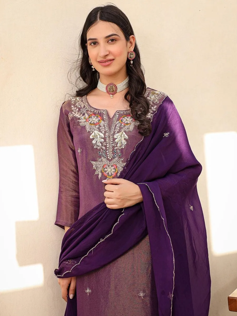 Satrangi Women's Purple Embroidered Viscose Shimmer Round Neck 3/4th Sleeve Kurta & Pant Set