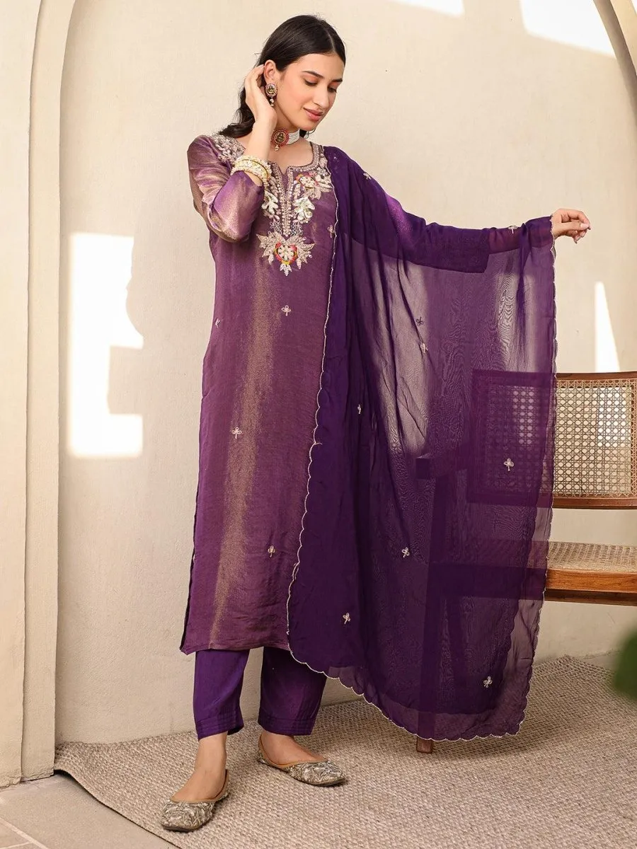 Satrangi Women's Purple Embroidered Viscose Shimmer Round Neck 3/4th Sleeve Kurta & Pant Set