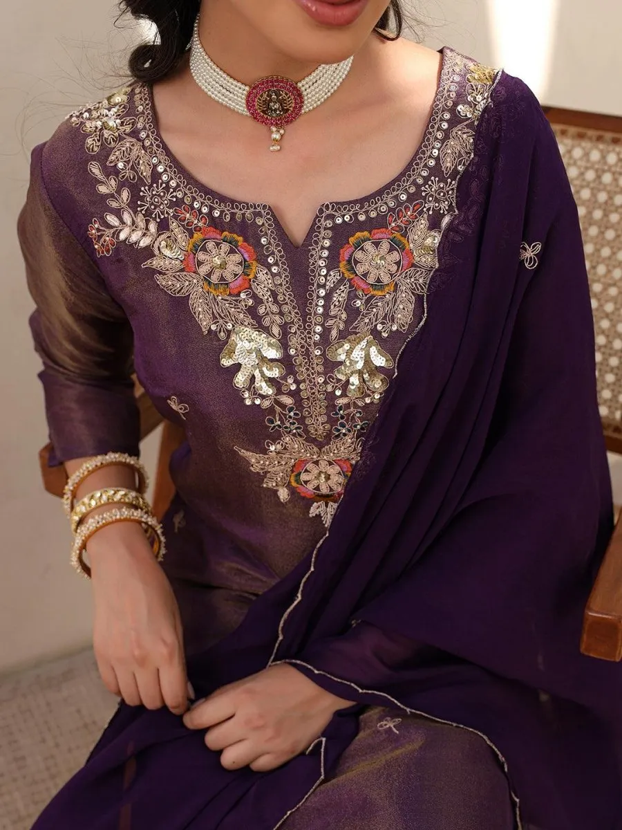Satrangi Women's Purple Embroidered Viscose Shimmer Round Neck 3/4th Sleeve Kurta & Pant Set
