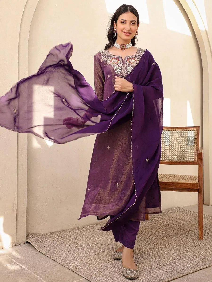 Satrangi Women's Purple Embroidered Viscose Shimmer Round Neck 3/4th Sleeve Kurta & Pant Set