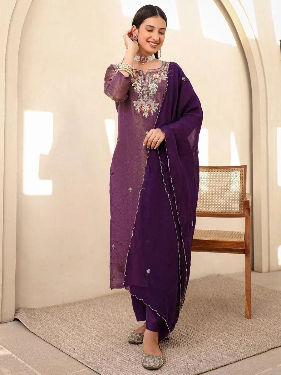 Satrangi Women's Purple Embroidered Viscose Shimmer Round Neck 3/4th Sleeve Kurta & Pant Set