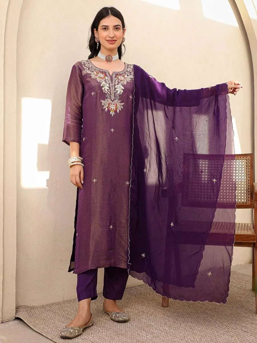 Satrangi Women's Purple Embroidered Viscose Shimmer Round Neck 3/4th Sleeve Kurta & Pant Set