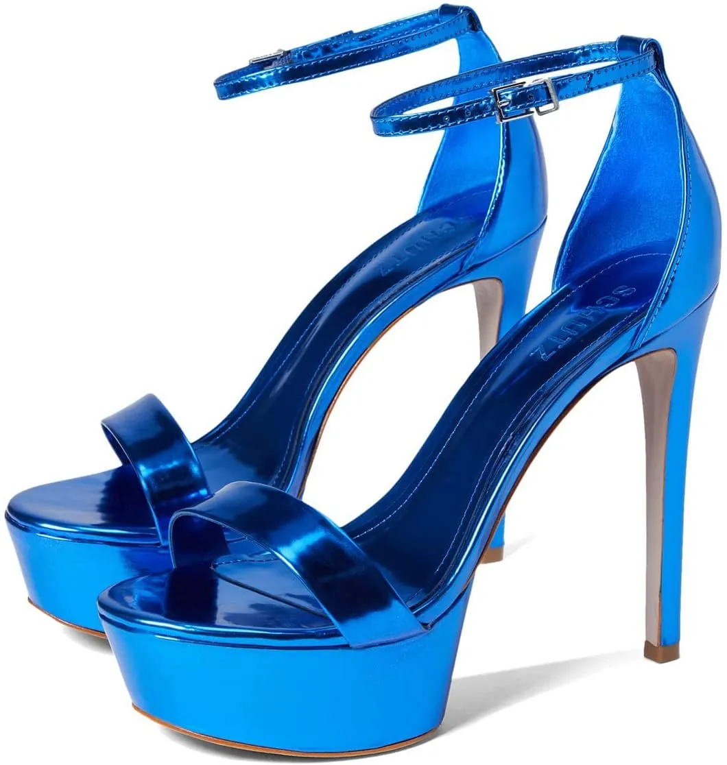 Schutz Cadey-Lee Blue Snake Sleek Buckle Ankle Strap High Heel Platforms Sandals