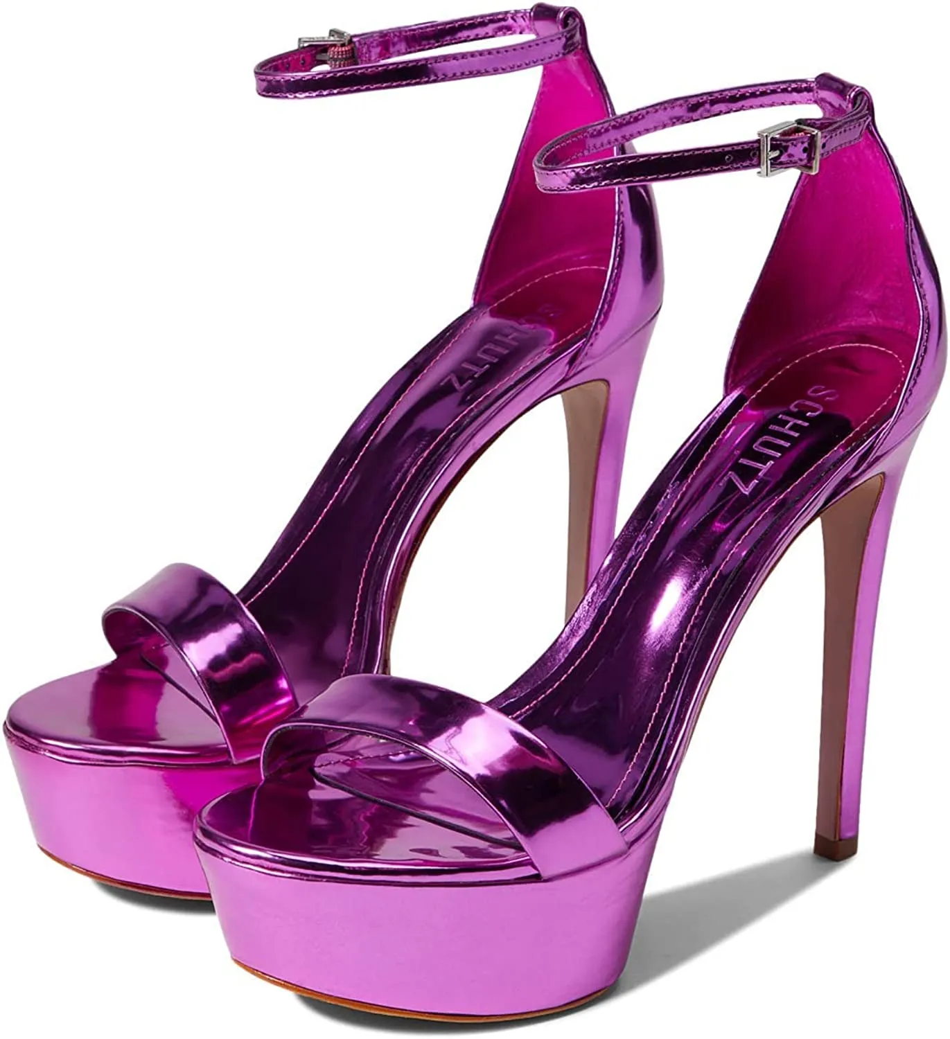 Schutz Cadey-Lee Fucsia Sleek Buckle Ankle Straps High Heel Platforms Sandals