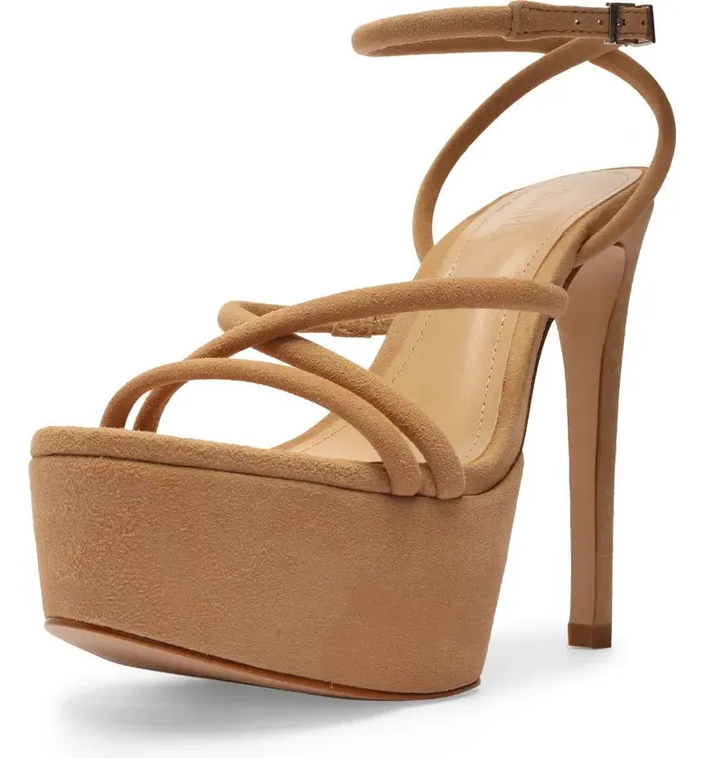 Schutz Zilla Honey Beige Nude Straps Buckle Ankle High Heels Plaforms Sandals