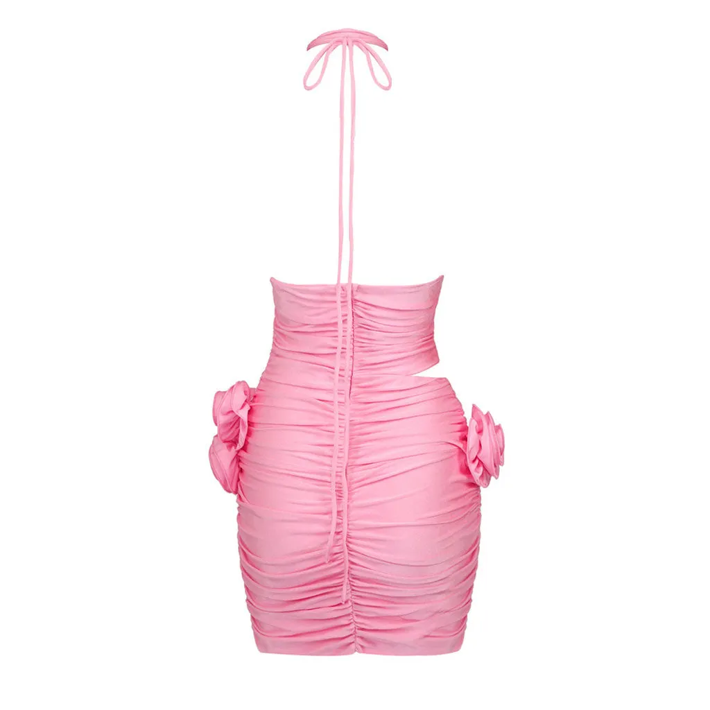 Sexy 3D Rosette Corsage Halter Neck Split CutOut Ruched Bodycon Mini Party Dress