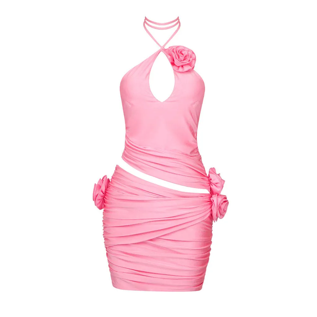 Sexy 3D Rosette Corsage Halter Neck Split CutOut Ruched Bodycon Mini Party Dress