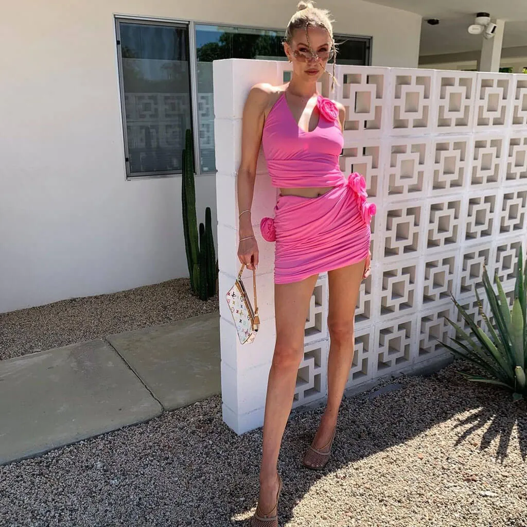 Sexy 3D Rosette Corsage Halter Neck Split CutOut Ruched Bodycon Mini Party Dress
