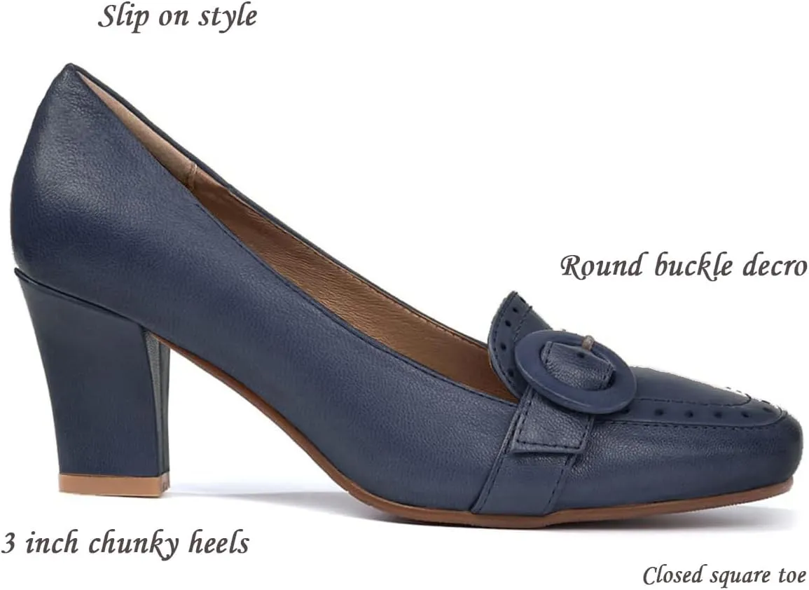 SHODENSE Women Vintage Chunky Block Heel Loafers Square Toe Loafer Pumps 3 inch Block Heeled Dress Shoes Perforated Penny Loafers Buckle Strap Comfortable Office Ladies 4-11 M US
