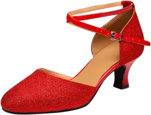 Shoe Latin Ballroom Women's Sequins Social Dance Shoes Tango Shoes Dancing Women's Middle Comfortable Sandals (Red, 6)
