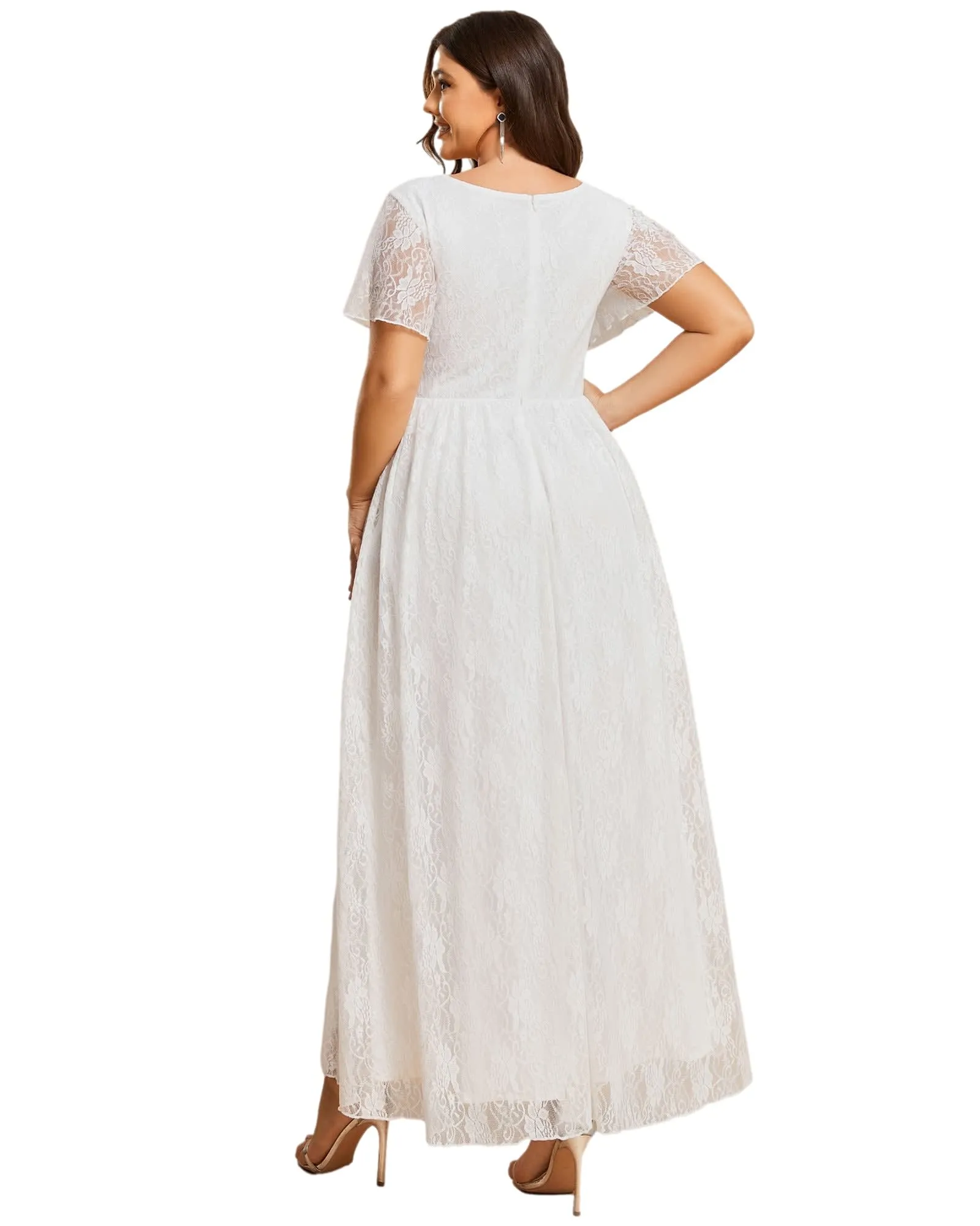 Short Sleeve Ruffled V-Neck A-Line Lace Evening Dress | White