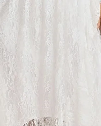 Short Sleeve Ruffled V-Neck A-Line Lace Evening Dress | White