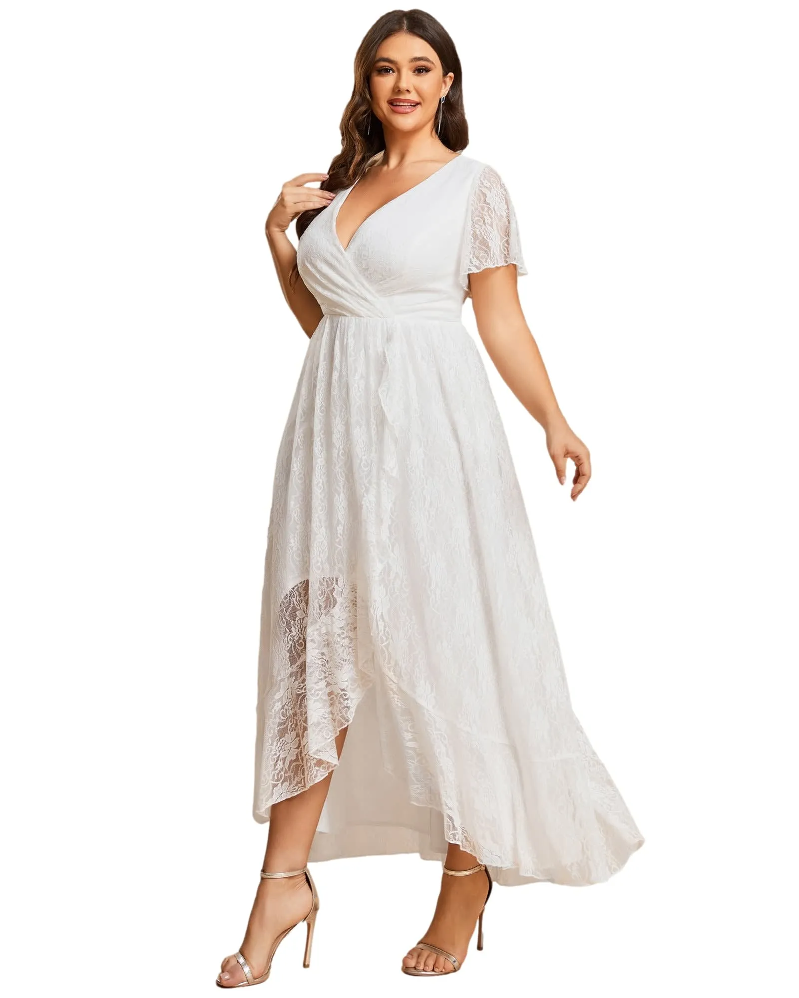 Short Sleeve Ruffled V-Neck A-Line Lace Evening Dress | White