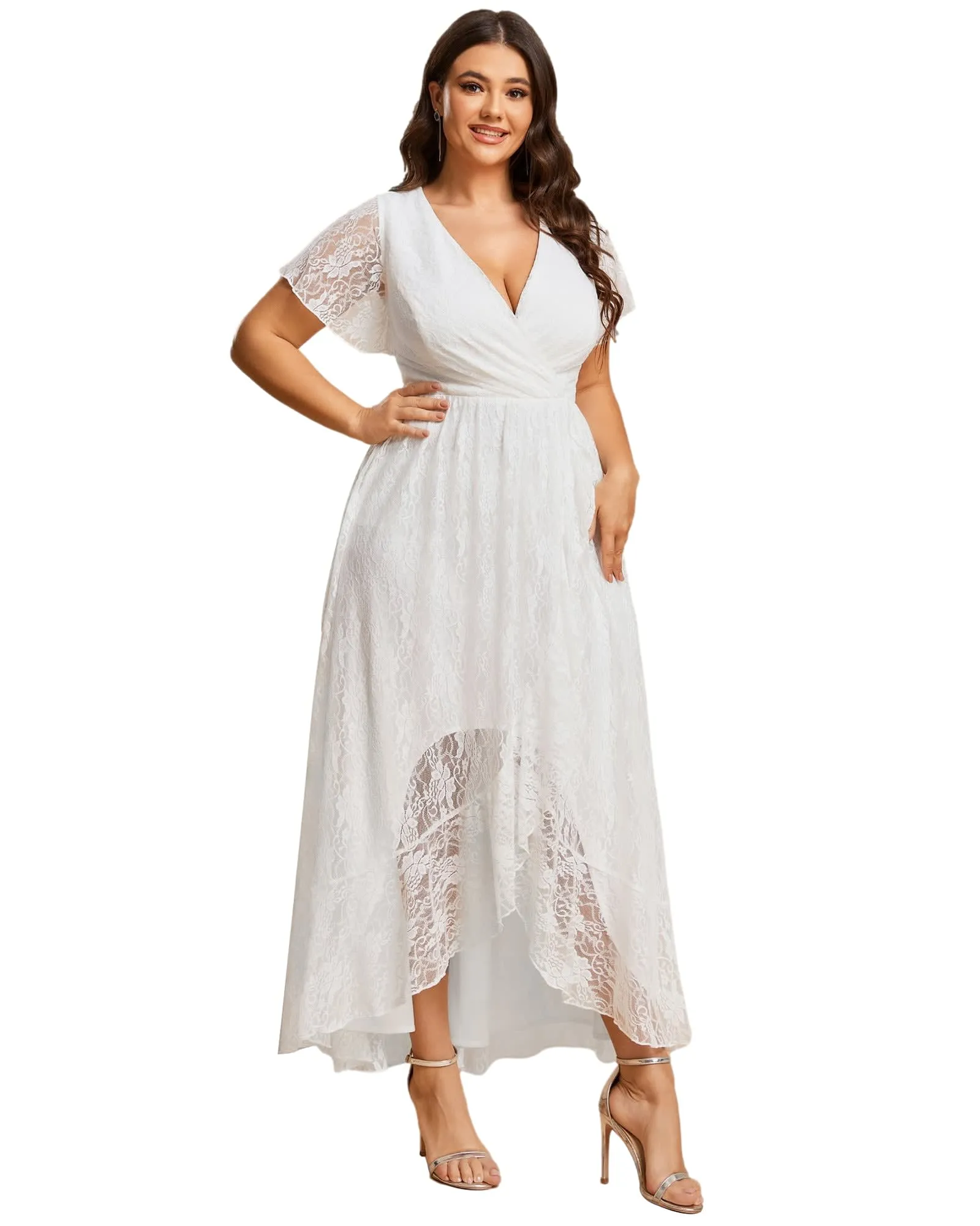 Short Sleeve Ruffled V-Neck A-Line Lace Evening Dress | White