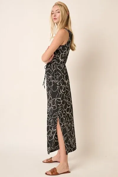 Side Slit Flower Print V-Neck Sleeveless Dress