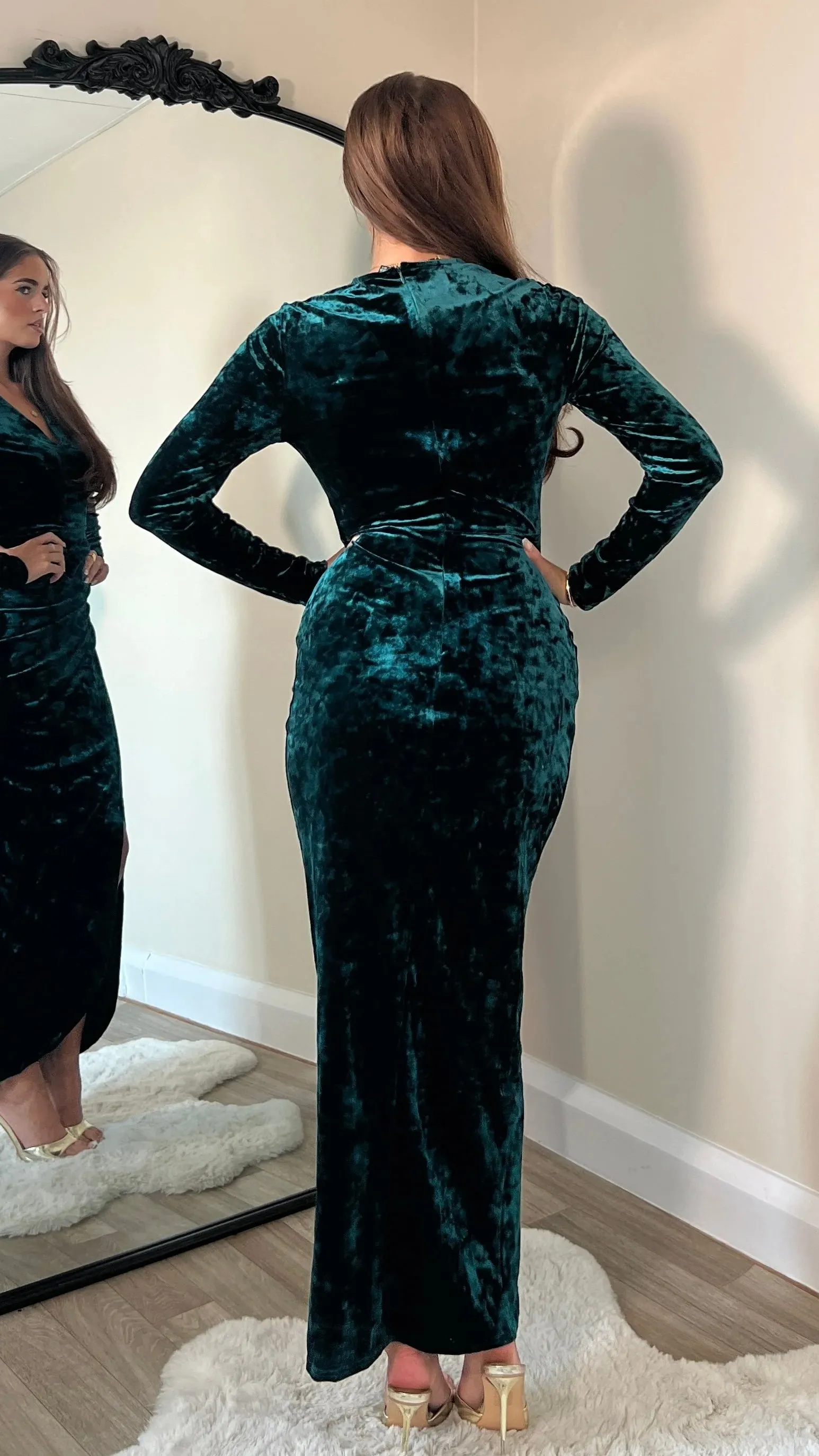 Sigourney Forest Green Velvet Asymmetric Wrap Midi Dress