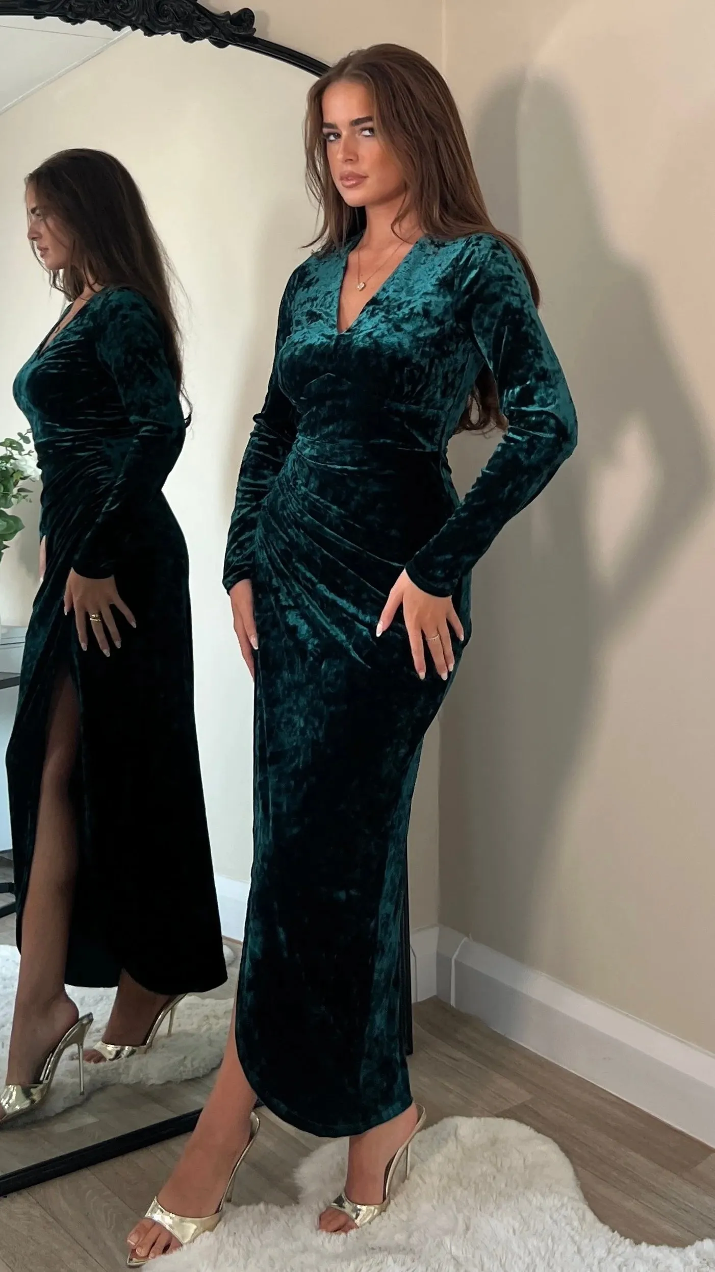 Sigourney Forest Green Velvet Asymmetric Wrap Midi Dress