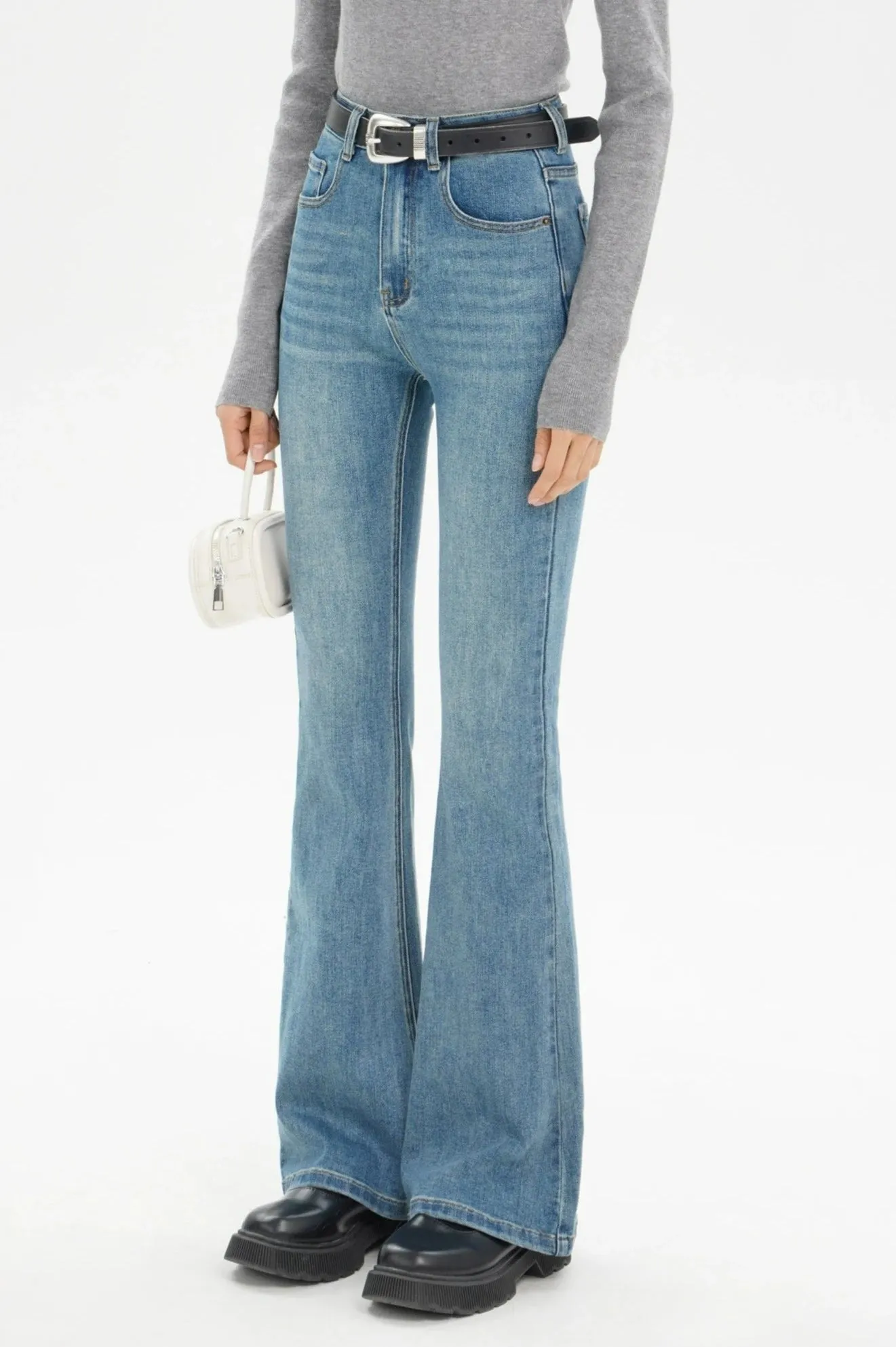 Skinny Denim Semi-Flare Jeans with Faded Wash