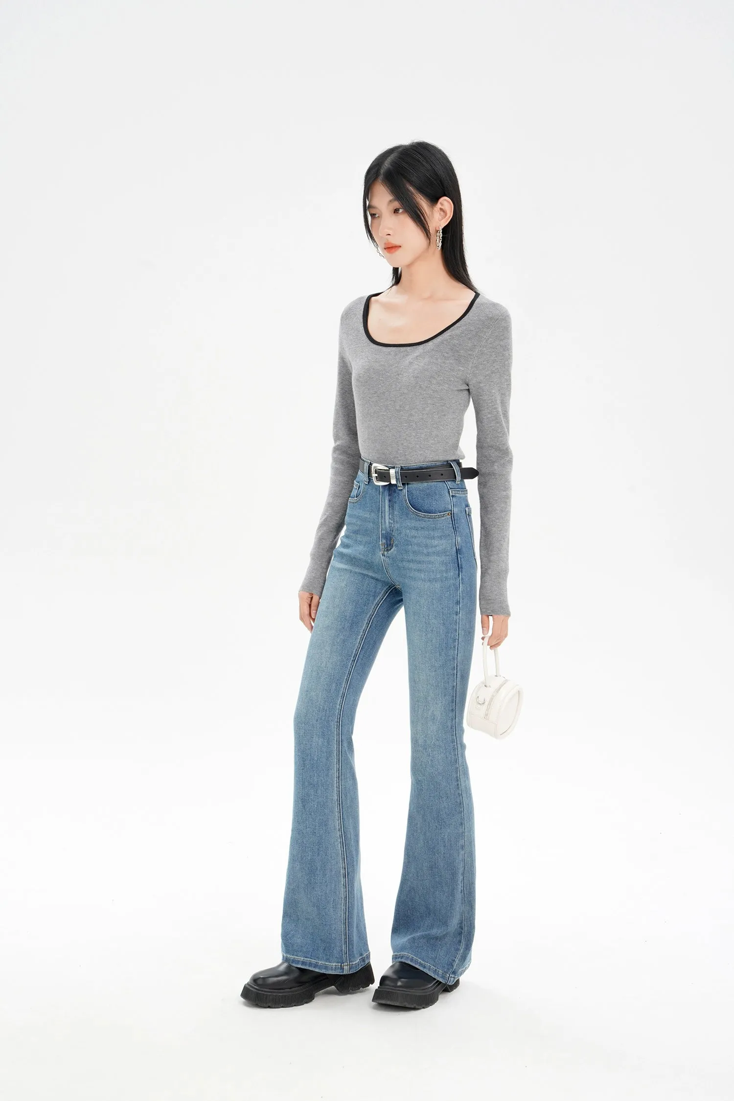 Skinny Denim Semi-Flare Jeans with Faded Wash