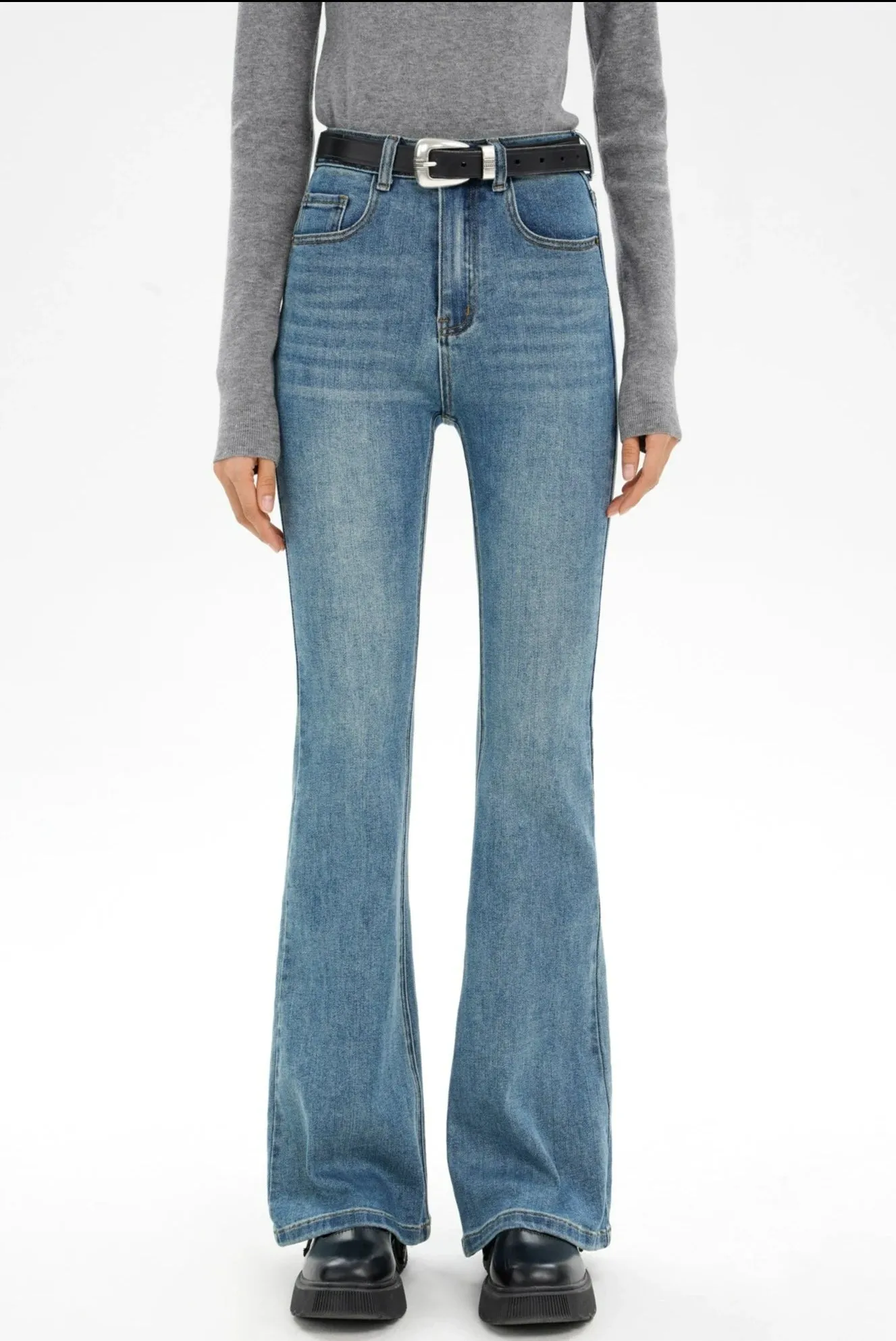 Skinny Denim Semi-Flare Jeans with Faded Wash