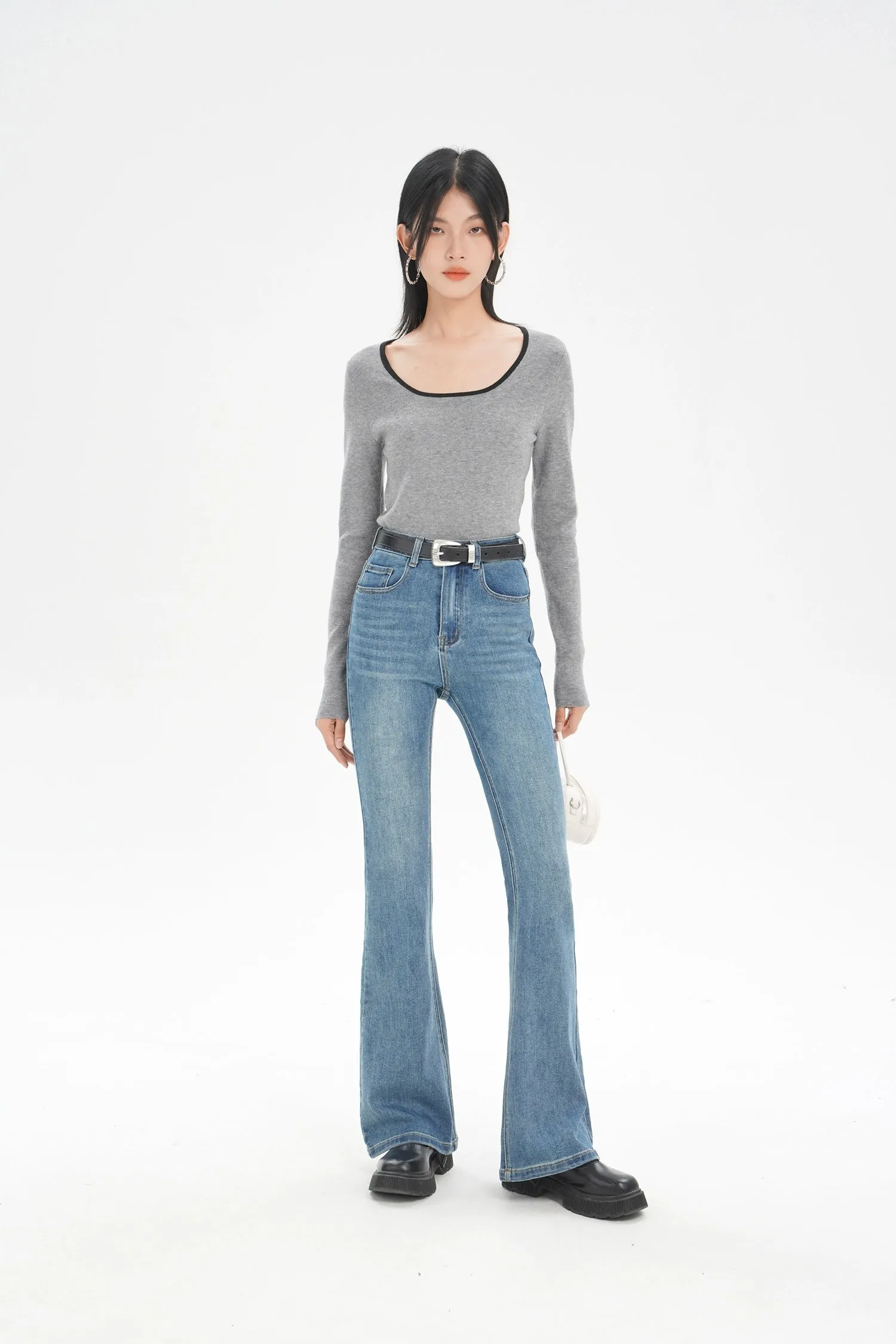 Skinny Denim Semi-Flare Jeans with Faded Wash