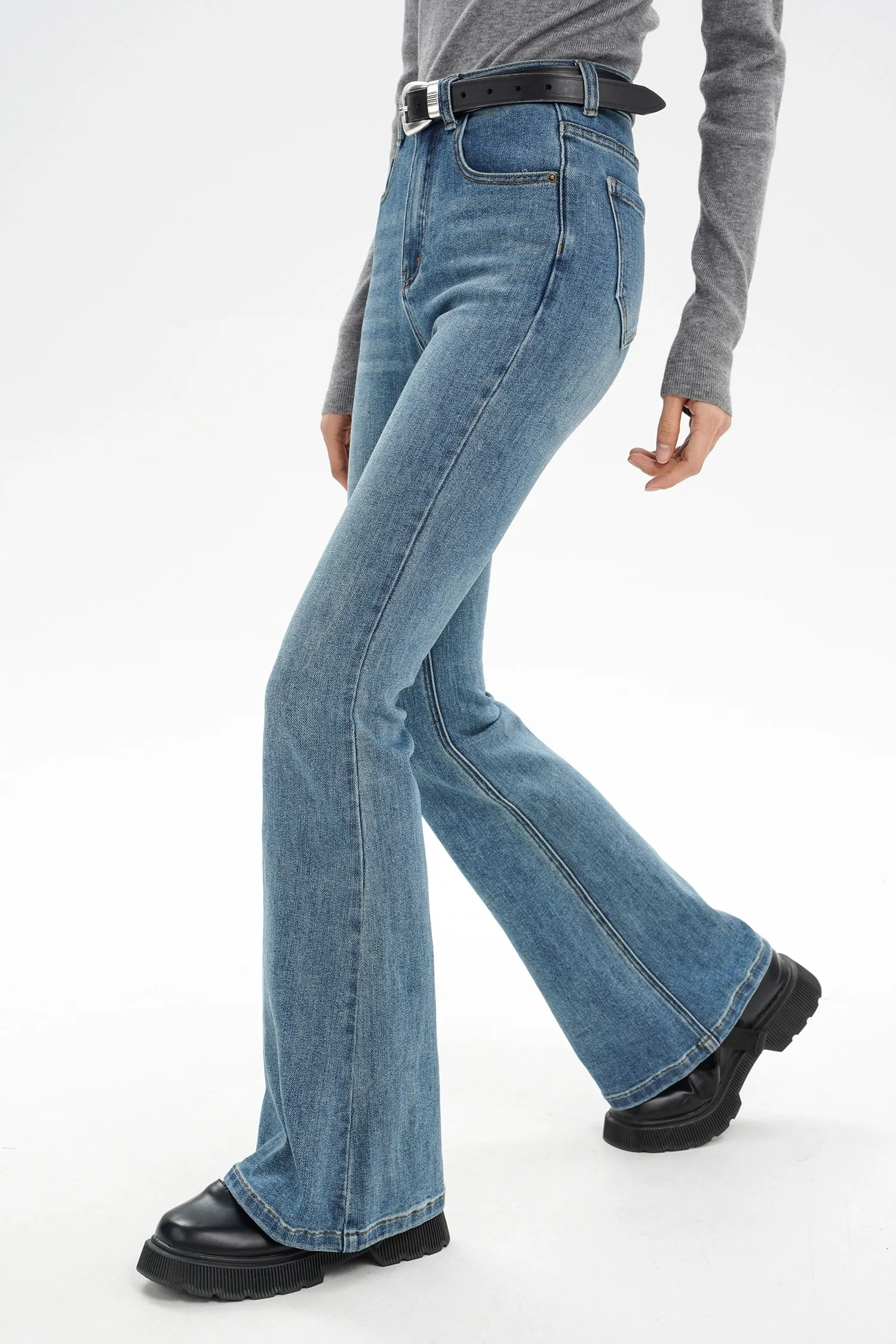 Skinny Denim Semi-Flare Jeans with Faded Wash