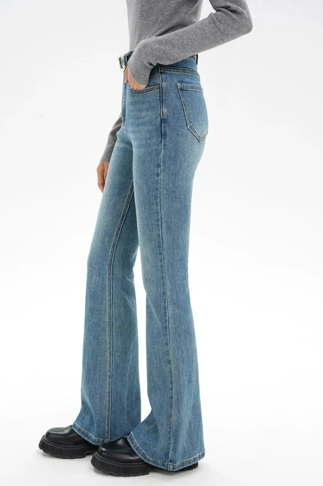 Skinny Denim Semi-Flare Jeans with Faded Wash
