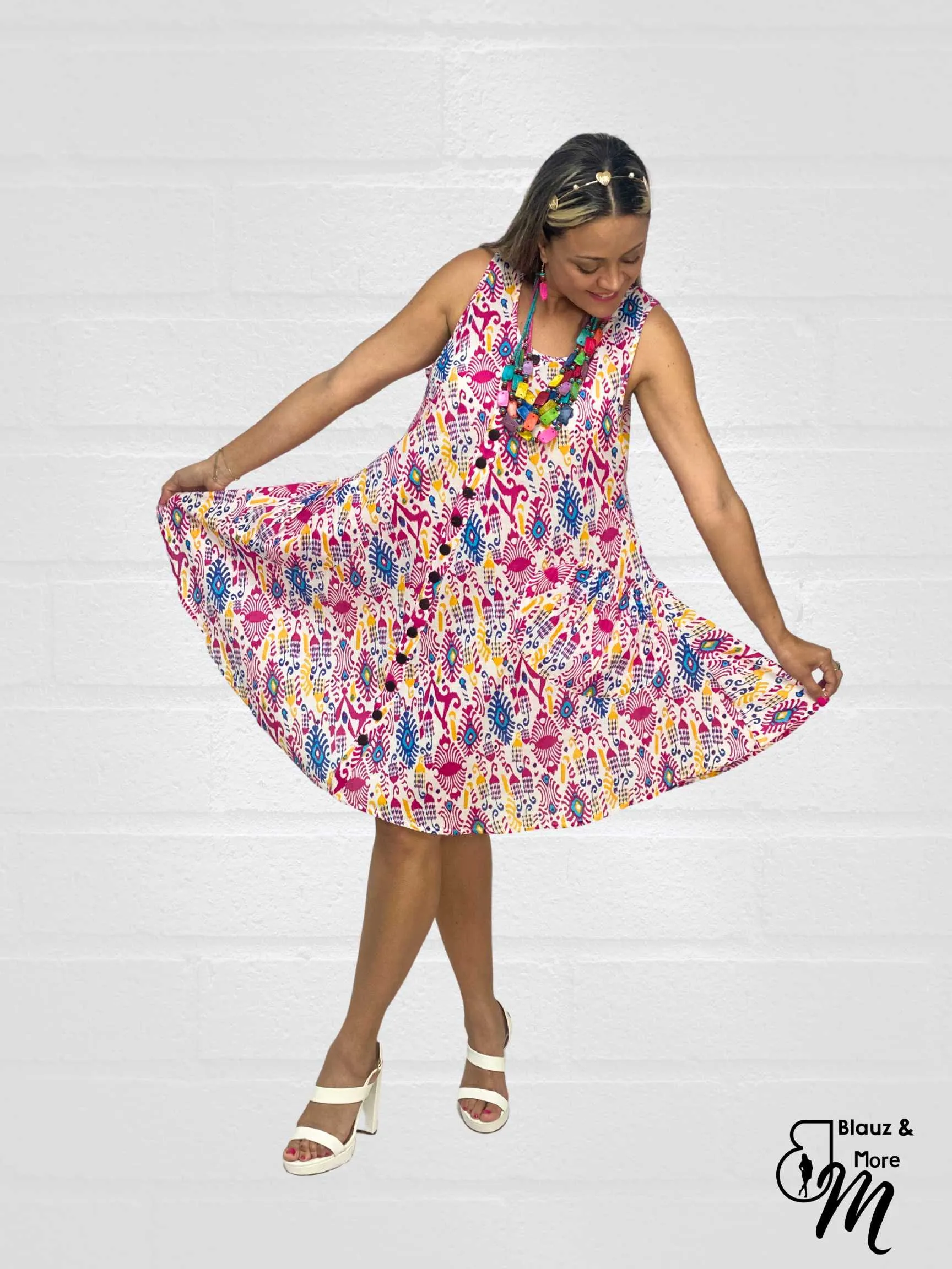Sleeveless A-Line printed dresses for Women with Pockets - DM001