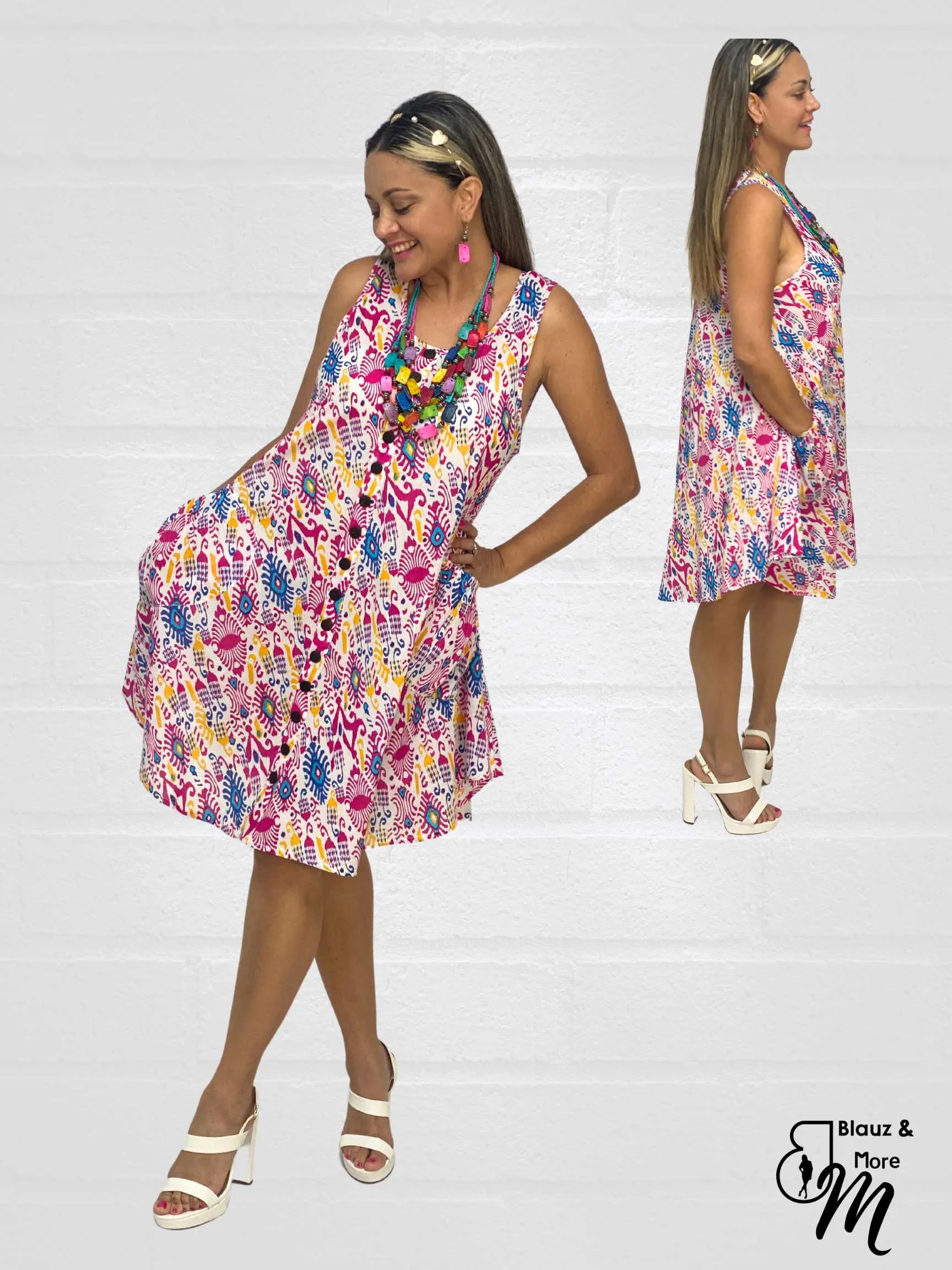 Sleeveless A-Line printed dresses for Women with Pockets - DM001