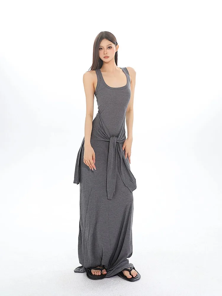 Sleeveless Jersey Maxi Dress with Tie Knot Detail