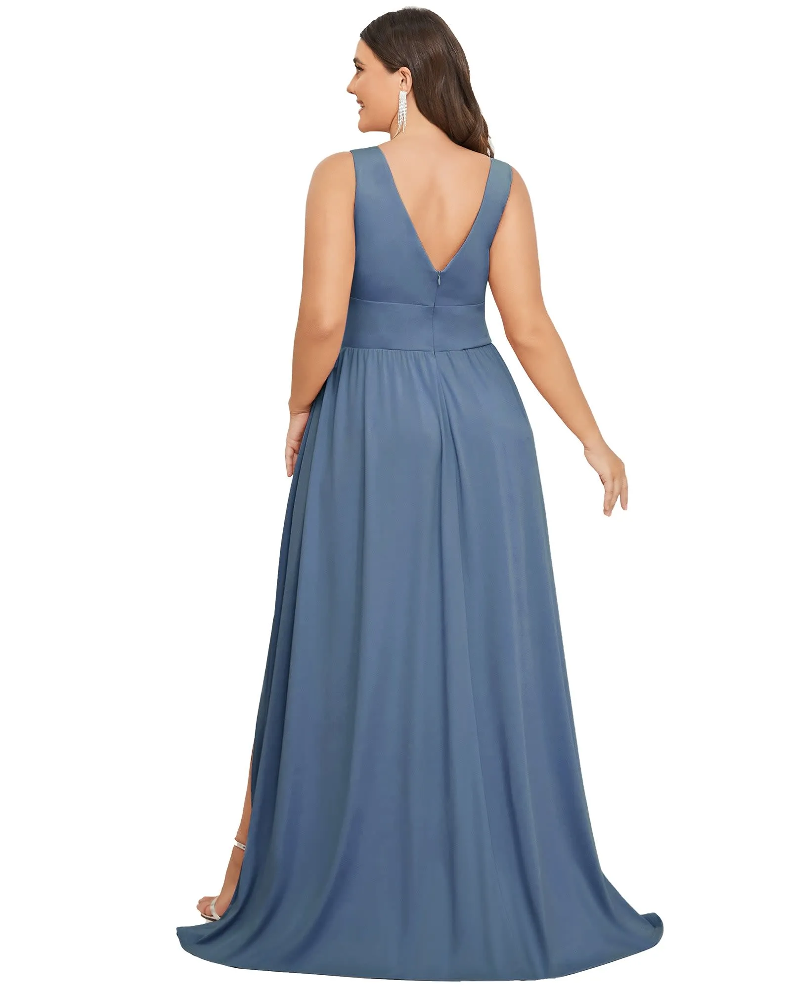 Sleeveless V-Neck Empire Waist High Slit Floor-Length Evening Dress | Dusty Navy