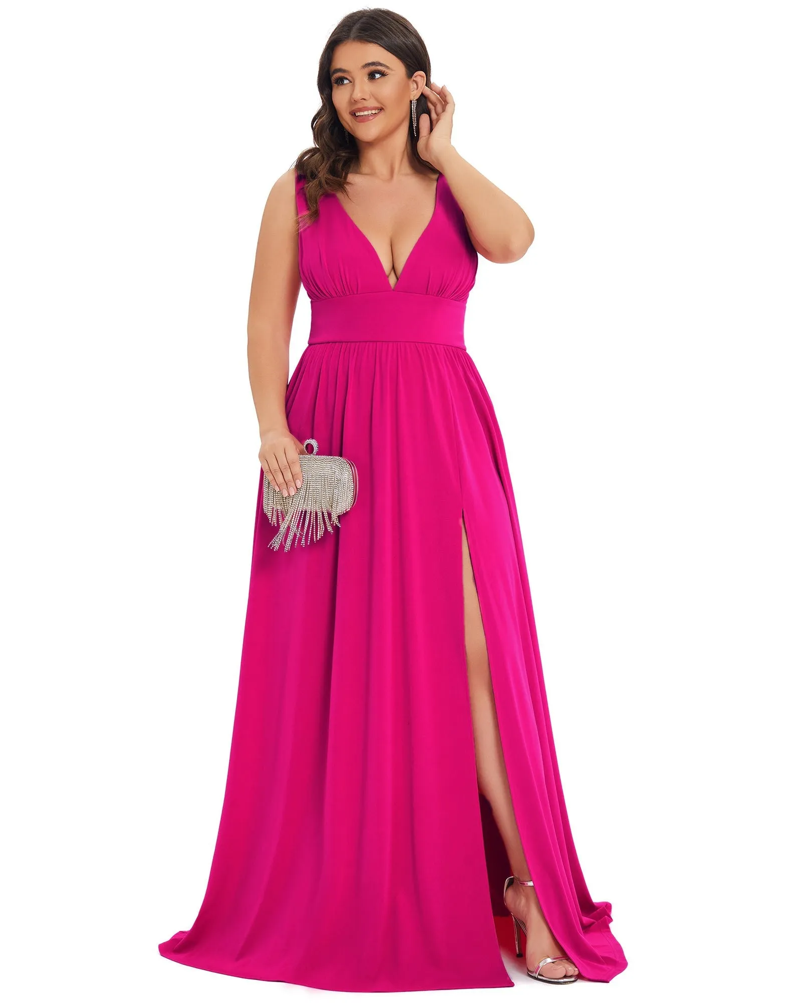 Sleeveless V-Neck Empire Waist High Slit Floor-Length Evening Dress | Hot Pink