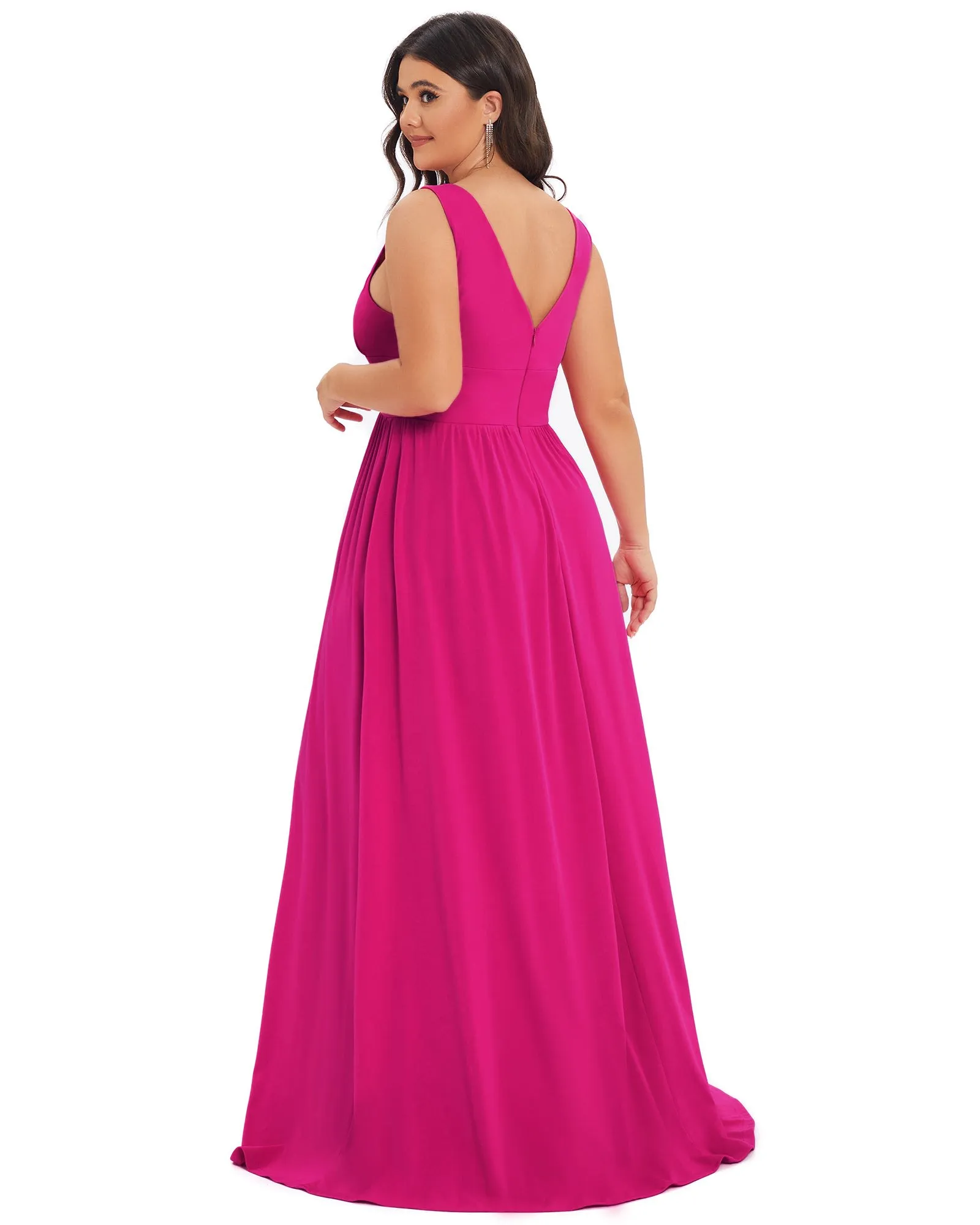 Sleeveless V-Neck Empire Waist High Slit Floor-Length Evening Dress | Hot Pink