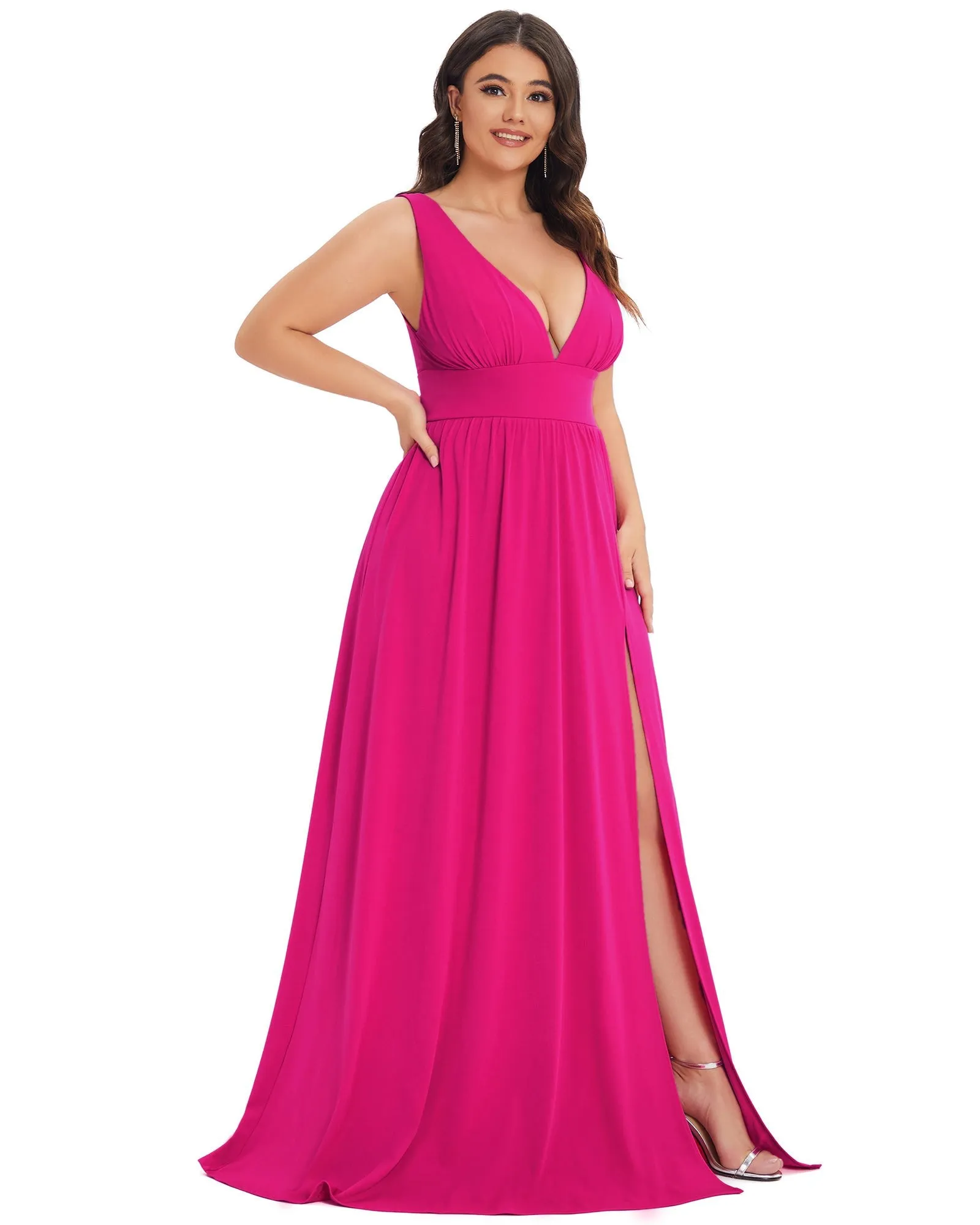 Sleeveless V-Neck Empire Waist High Slit Floor-Length Evening Dress | Hot Pink
