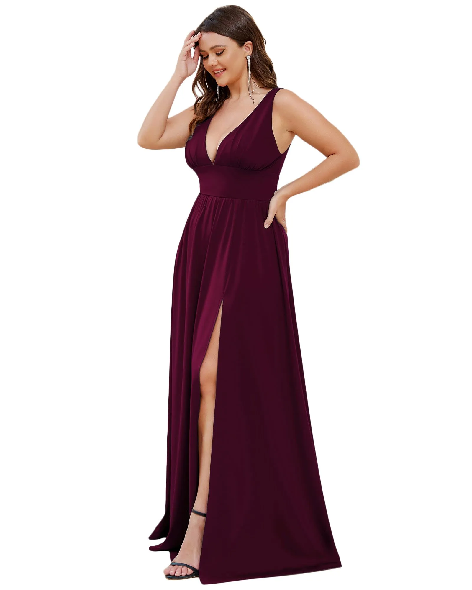 Sleeveless V-Neck Empire Waist High Slit Floor-Length Evening Dress | Mulberry