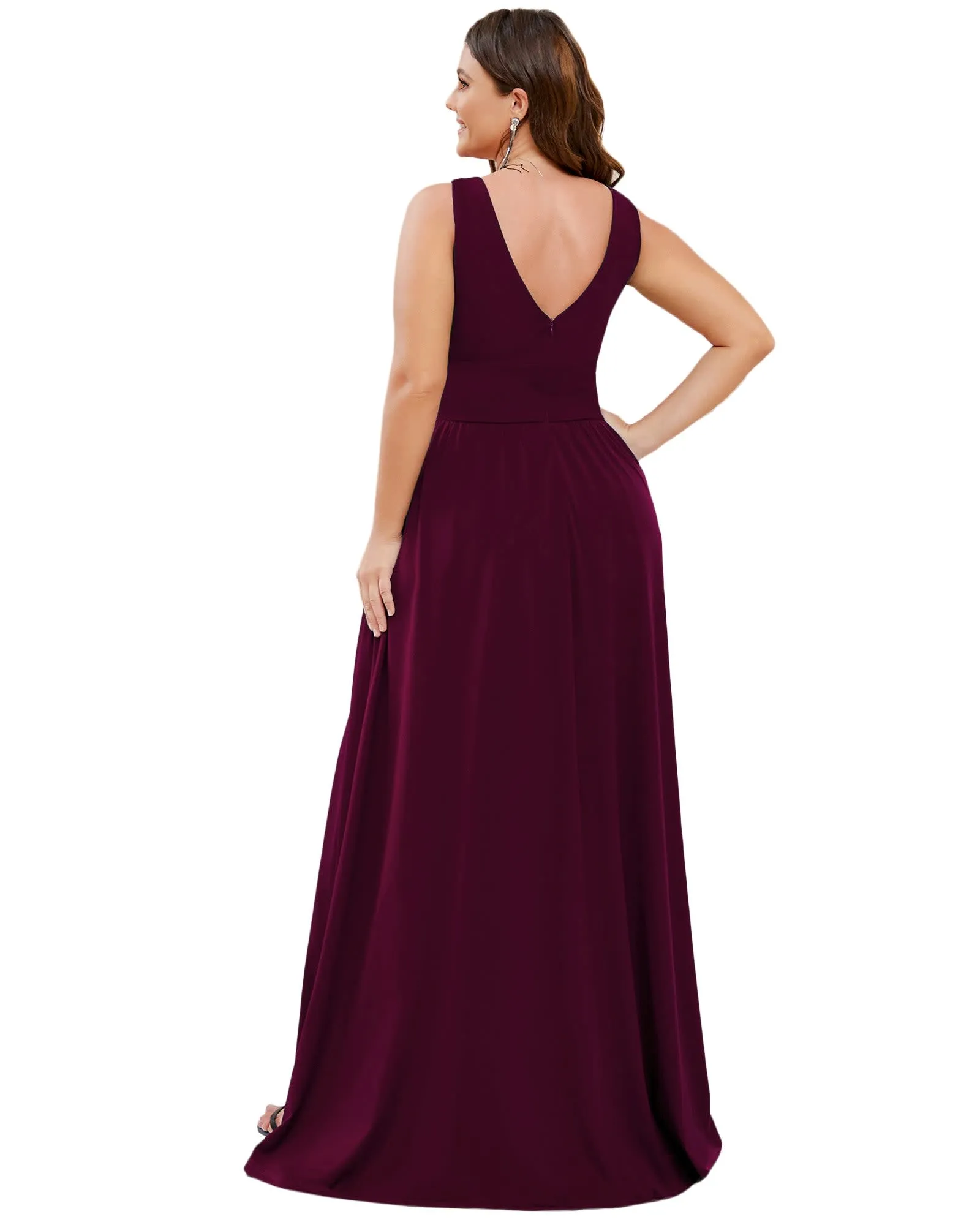 Sleeveless V-Neck Empire Waist High Slit Floor-Length Evening Dress | Mulberry