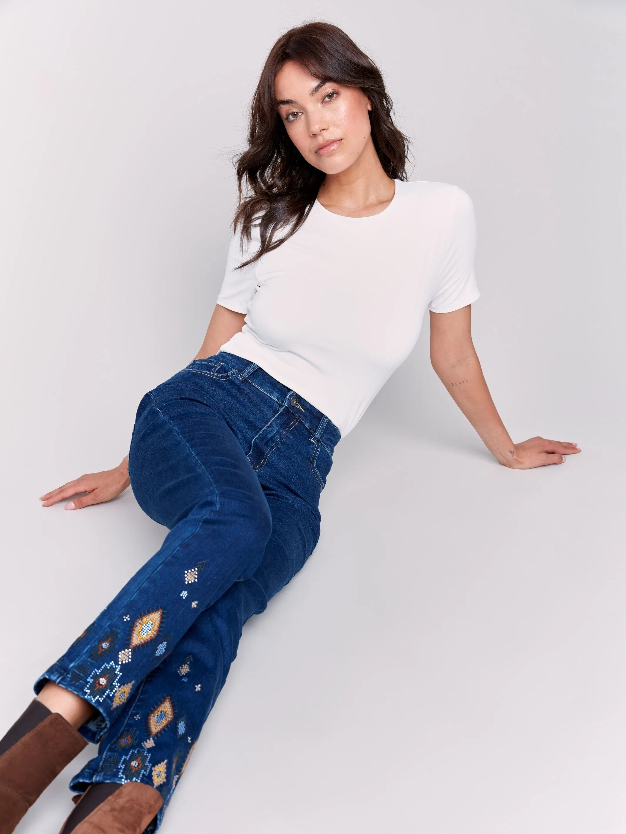 Slim Fit Jeans With Beaded Hem - Indigo