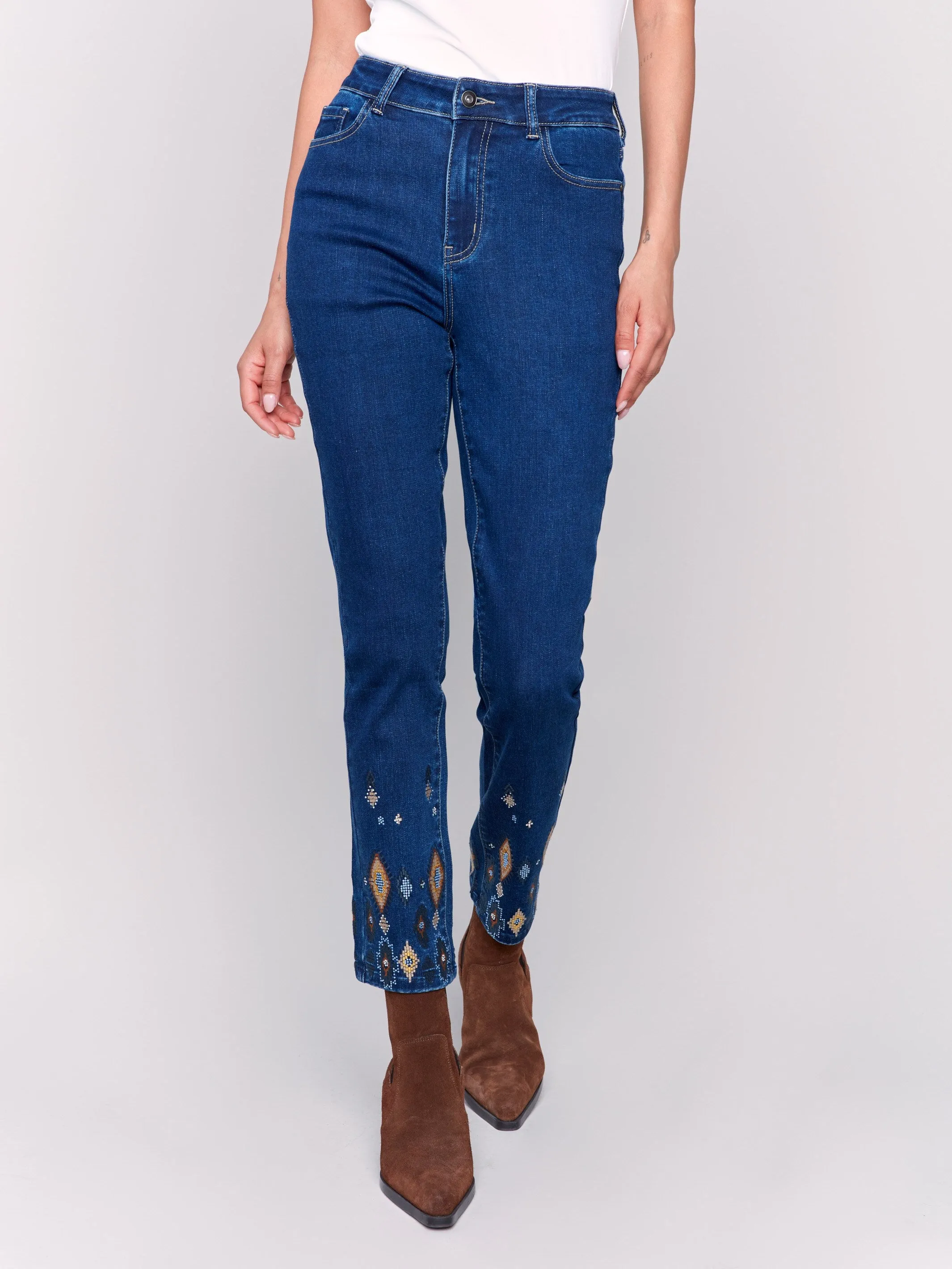 Slim Fit Jeans With Beaded Hem - Indigo